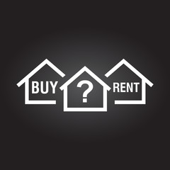 Buy or rent house. White home symbol with the question. Vector illustration in flat style on black background.