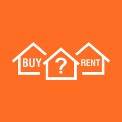 Buy or rent house. White home symbol with the question. Vector illustration in flat style on colourful orange background.