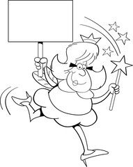 Black and white illustration of a fairy godmother holding a magic wand and a sign.