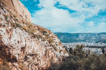 Giant hill with ancient city wall facing city
