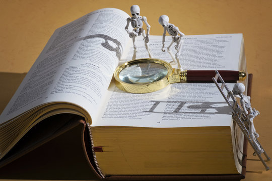 Skeletons, magnifying glass and a book