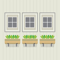 Closed Windows With Pot Plants Below Vector Illustration