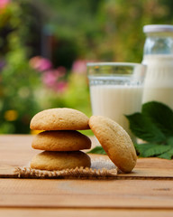 Cookies with milk on wooden table