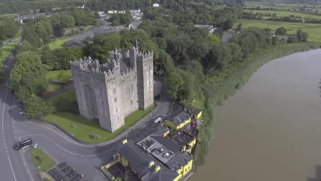 Aerial view of Irelands most famous public Castle. Bunratty Castle in county Clare Ireland