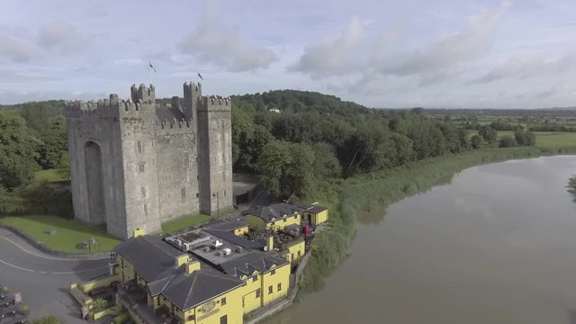 Aerial view of Irelands most famous public Castle. Bunratty Castle in county Clare Ireland