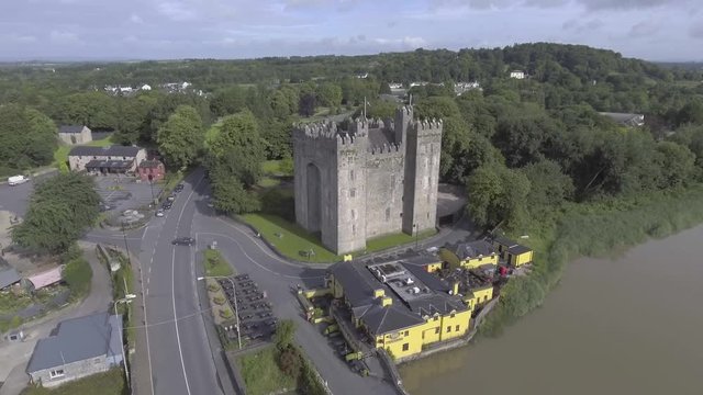 Aerial view of Irelands most famous public Castle. Bunratty Castle in county Clare Ireland