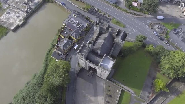 Aerial view of Irelands most famous public Castle. Bunratty Castle in county Clare Ireland