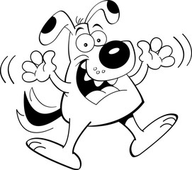 Black and white illustration of a happy dog jumping.