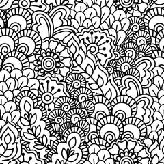 Seamless black and white background. Floral, ethnic, hand drawn elements for design. Good for coloring book for adults or design of wrapping and textile.