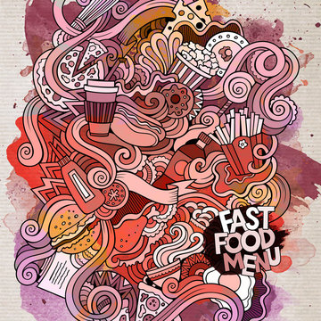 Fast food doodles elements watercolor art background