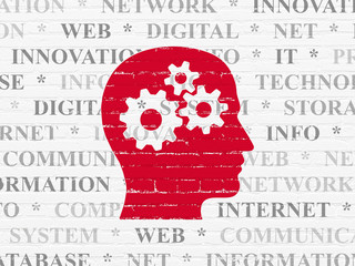 Information concept: Head With Gears on wall background