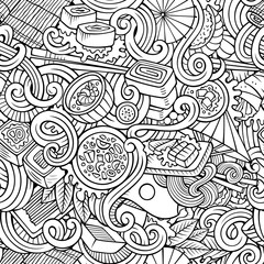 Cartoon hand-drawn doodles of japanese cuisine seamless pattern