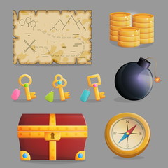 Collection of items for treasure hunting journey and navigation. Accessories for treasure hunting journey, treasure chest, compass, bomb, ancient map, a collection of keys. Game and app ui icons.