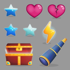 Collection of user rewards inside of a treasure chest. Life and experience icons, game achievements, opened treasure chest and coins. Game and app ui icons.