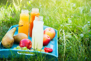 Juice Different Colors Bottles Fruits on Blue Tray