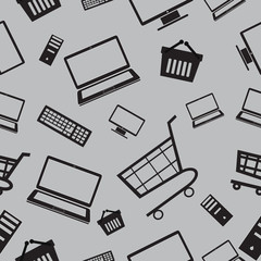 Seamless pattern. Set of pc, laptop, cart, basket