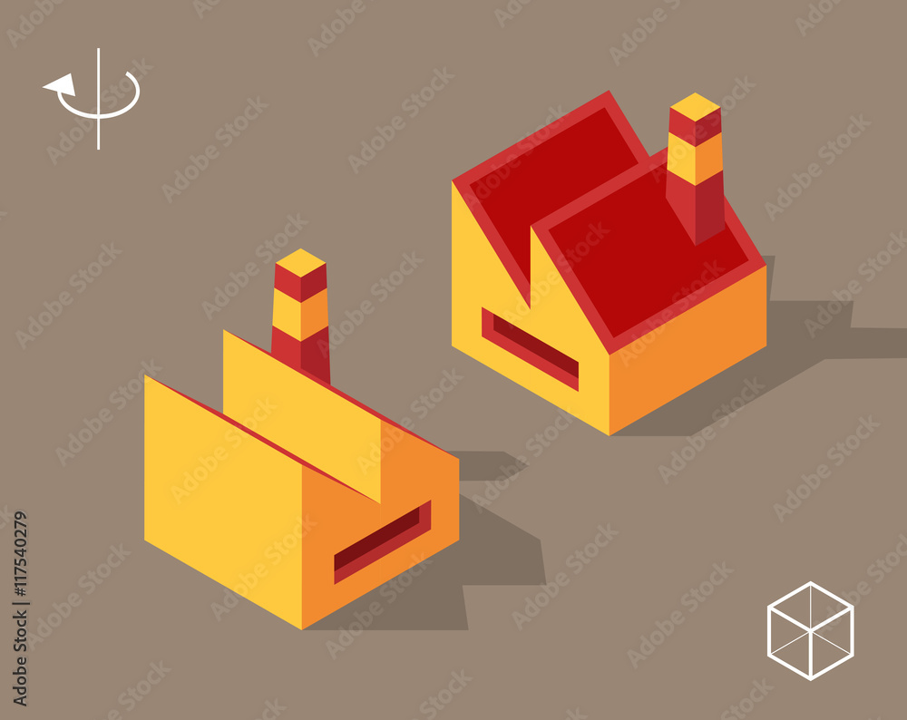 Poster set of isolated isometric minimal city elements. factory with shadows.