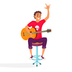 Cartoon acoustic guitar player. Teenage guitarist shows rock and roll sign. Vector illustration of happy young person holding acoustic guitar