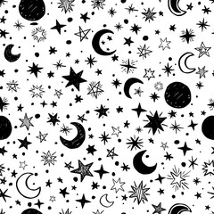 Seamless pattern with handdrawn stars and moons. Doodle vector illustration.