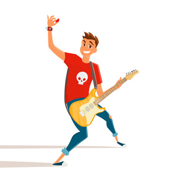 Cartoon electric guitar player. Teenage guitarist shows hand up. Vector illustration of young person holding electric guitar
