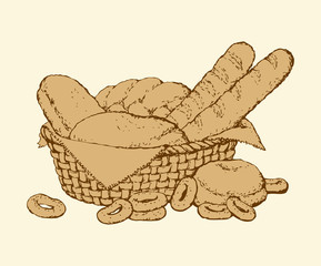 Vector still life. Sketch basket of fresh pastries