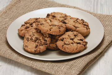 Close-up photo of chocolate chips cookies on a plate