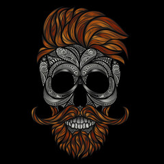 Red dead hipster with a beard and mustache. Vector human skull made of flowers