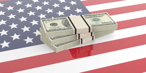 3d rendering dollar banknotes stack on an USA flag