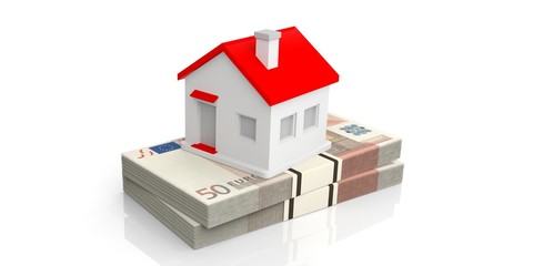 3d rendering house on a stack of 50 euro banknotes