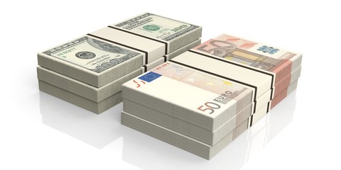 Stacks of euro and dollar banknotes. 3d illustration