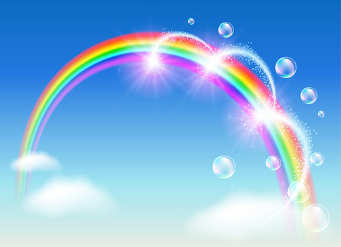 Rainbow with bubbles and fireworks in the sky