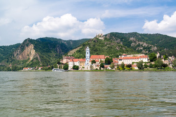 Naklejka premium Town of Durnstein with abbey and old castle from Danube river, Wachau Valley, Lower Austria