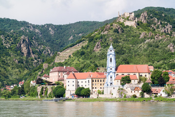 View of Danube river and town of Durnstein with abbey and old castle, Wachau valley, Lower Austria