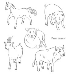 black and white image of a bull, sheep, horse pig and goat