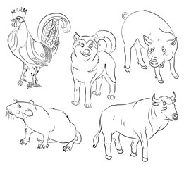 rooster, dog, pig, rat and ox