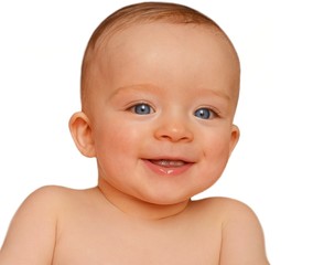 Closeup portrait of happy baby on white background. Child concept.