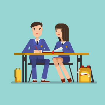 Couple of teenagers young students in school uniform at the desk. Couple of schoolboy and schoolgirl sitting at the table in the classroom.Vector illustration of education concept