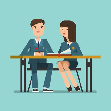 Couple of teenagers young students in school uniform at the desk. Couple of schoolboy and schoolgirl sitting at the table in the classroom.Vector illustration of education concept