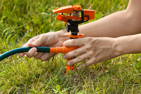 hands of gardener installing sprinkler for lawn irrigation
