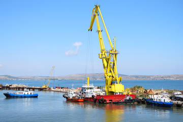 Fototapeta na wymiar Floating crane and marine tug in the port of Russia