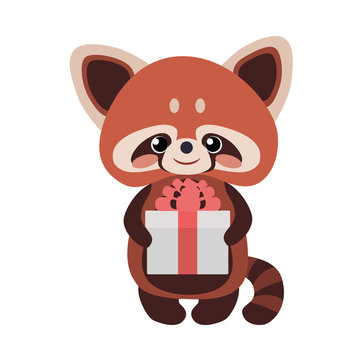 Cute red panda with a gift