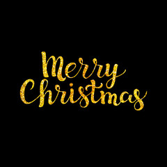 Merry Christmas. Gold glitter on a black background. Hand drawn lettering. Vector illustration. Design by flyer, banner, poster, printing, mailing