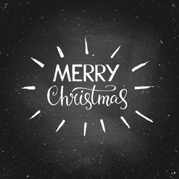 Merry Christmas - greeting quote on chalkboard. Hand drawn lettering. Vector illustration. Design by flyer, banner, poster, printing, mailing