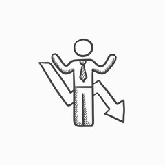 Businessman with arrow down sketch icon.
