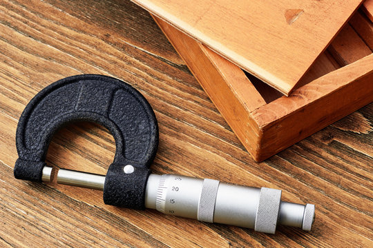 Micrometer at the wooden case