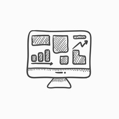 Monitor with business graphs sketch icon.