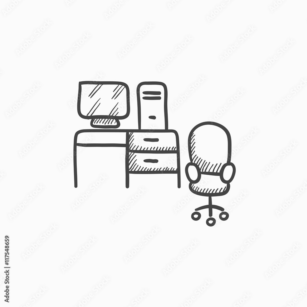 Poster computer set with table and chair sketch icon.