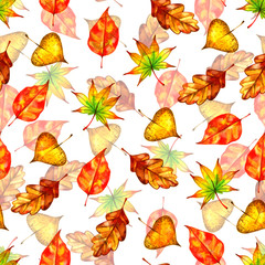 Orange watercolor painted autumn leaves seamless pattern