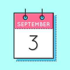 Vector Calendar Icon. Flat and thin line vector illustration. Calendar sheet on light blue background. September 3th