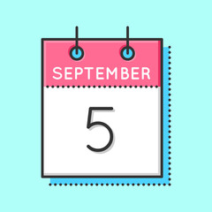 Vector Calendar Icon. Flat and thin line vector illustration. Calendar sheet on light blue background. September 5th